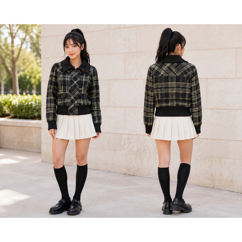 Preppy Y2K 90s Grunge Green Black Plaid Mudd Double Breasted Bomber L Coat